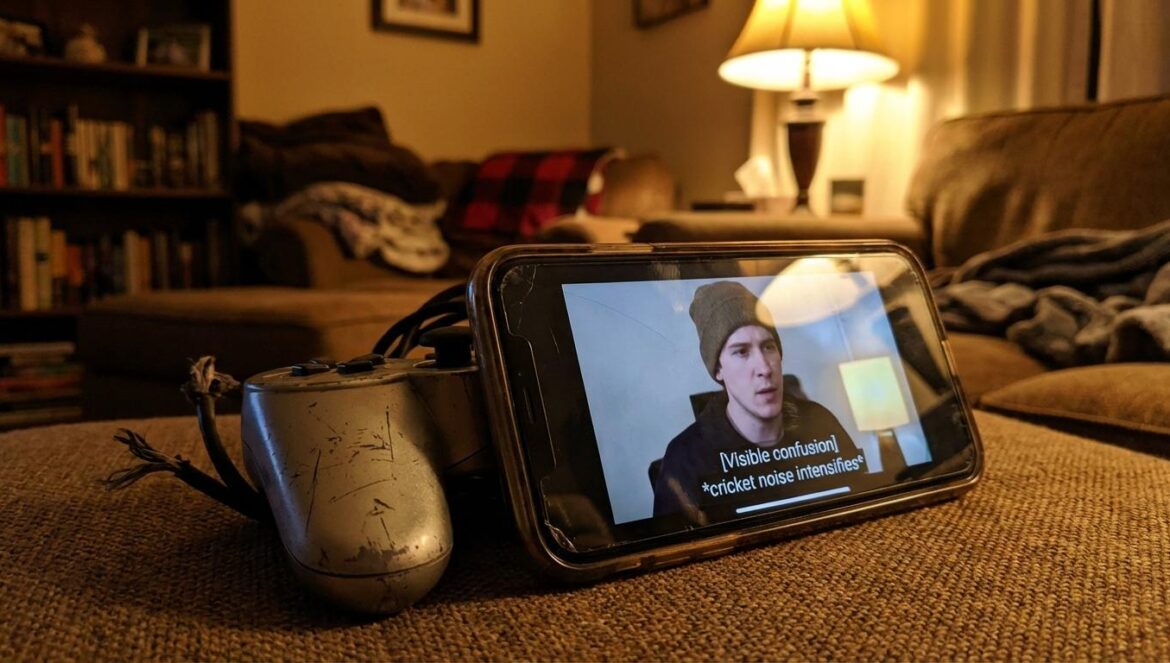 Coldmirror en YouTube: la fórmula anti-algoritmo que aún alimenta el humor gamer Un móvil con un vídeo pausado y subtítulos borrosos junto a un mando gastado sobre un sofá, con luz cálida de tarde y fondo desenfocado