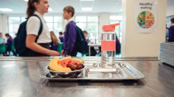 Bandeja de comedor escolar con fruta cortada y botella reutilizable, al fondo una cantina luminosa desenfocada y un póster simple de nutrición.
