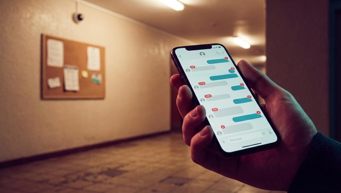 Comunidad de vecinos digital: WhatsApp une la escalera, pero enciende la vigilancia Un móvil con un chat de vecinos lleno de notificaciones, en un pasillo de edificio con tablón de anuncios y una cámara desenfocada