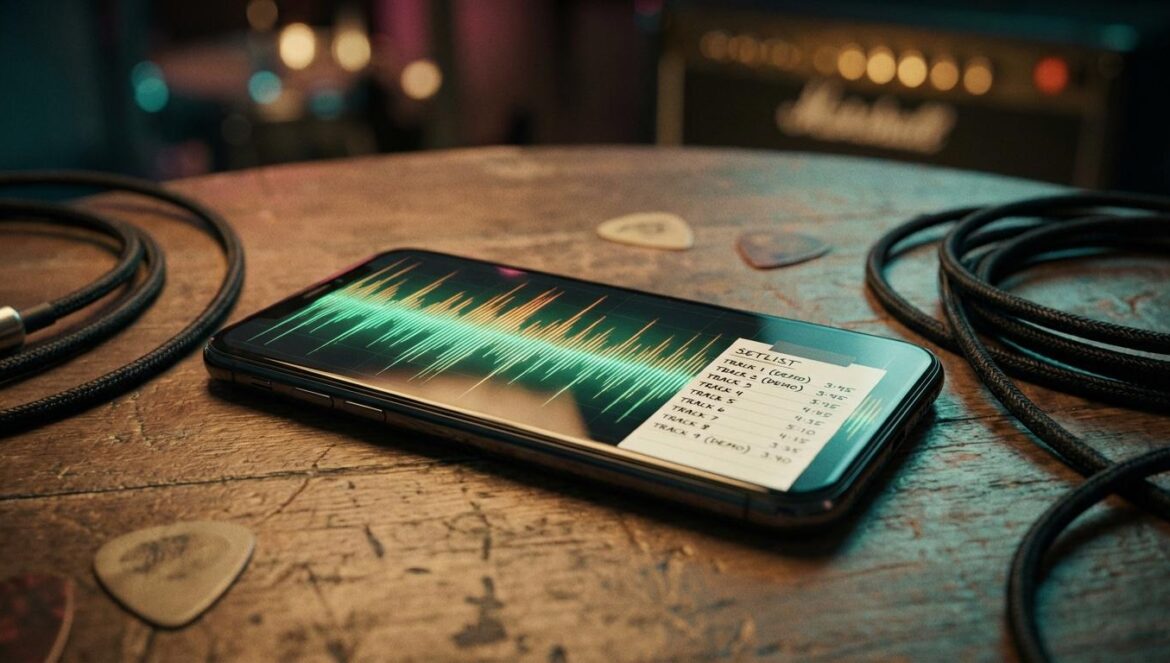 Dijon suelta los demos de “Yahama” en Samply y nos recuerda por qué el borrador también importa Un móvil reproduce un demo con forma de onda en pantalla, sobre una mesa de madera con cables enrollados y una hoja de setlist al lado, luz cálida de estudio.