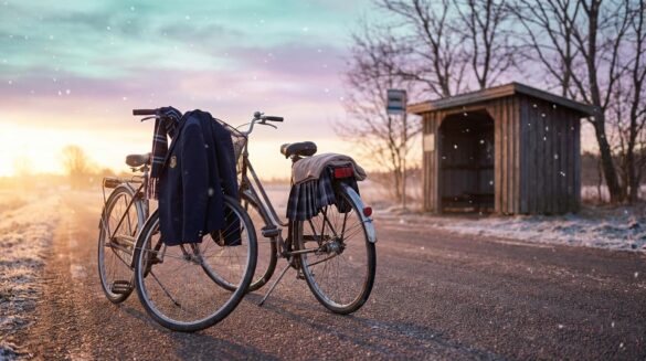 Drama Shining reúne a Jinyoung y Min Ju sin truco Dos bicicletas en una carretera rural con uniformes escolares colgados y nieve suave al atardecer.