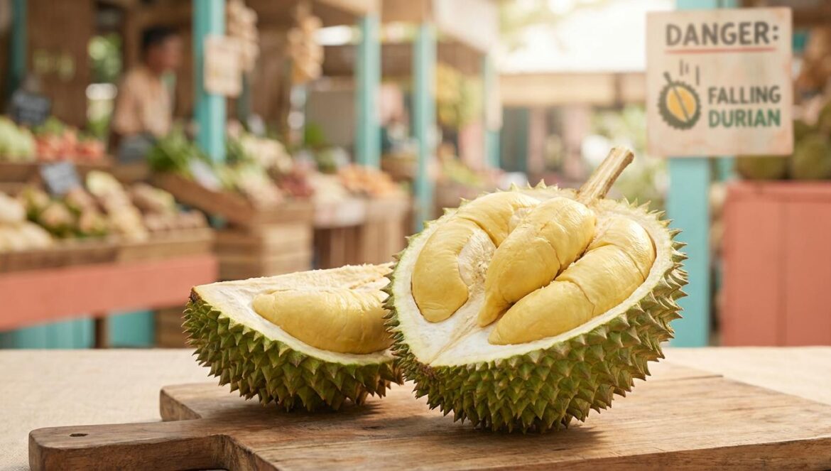 Durian: por qué la fruta “prohibida” huele a desastre y aun así engancha Un durián abierto sobre una tabla de madera, con la pulpa cremosa a la vista y un mercado desenfocado al fondo.