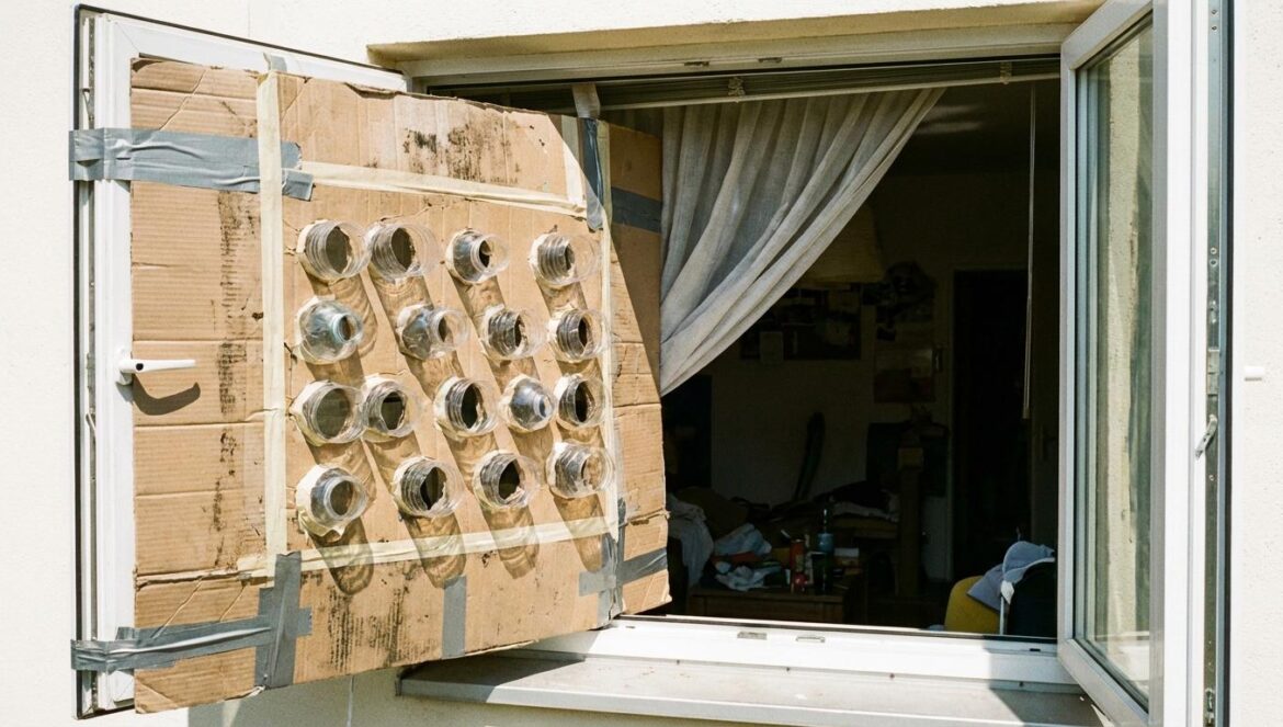 Eco Freezer Slim: no es aire acondicionado, pero el truco reciclado sí cambia el calor Panel de cartón con boquillas de botellas PET recortadas, instalado en una ventana con luz fuerte de verano y una cortina moviéndose con la brisa