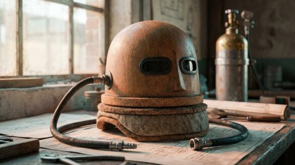 Casco antiguo de madera con mirillas estrechas y tubo de aire, sobre una mesa con planos y una bombona metálica al fondo