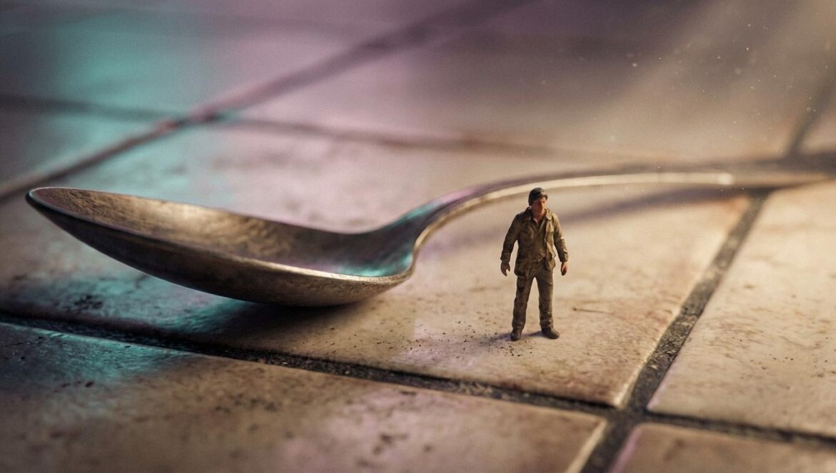 El hombre menguante: el remake que se estrena en 11 días con 21 millones y una sombra enorme Una figura humana diminuta junto a una cuchara gigante sobre baldosas, con luz tenue y polvo en el aire, resaltando el contraste de escala