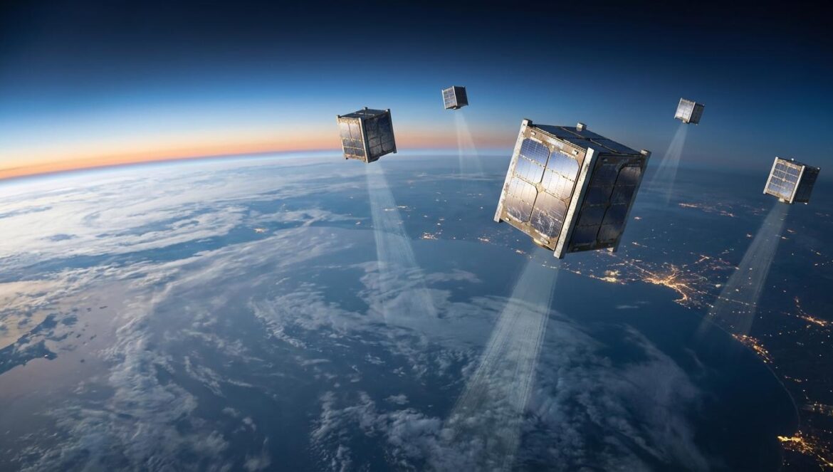 España y Polonia disparan su contribución al espacio: no es hype, es poder (y miedo) Constelación de satélites pequeños en órbita enviando señales a la Tierra al amanecer, con curvatura del planeta, nubes y luces de ciudades al fondo.