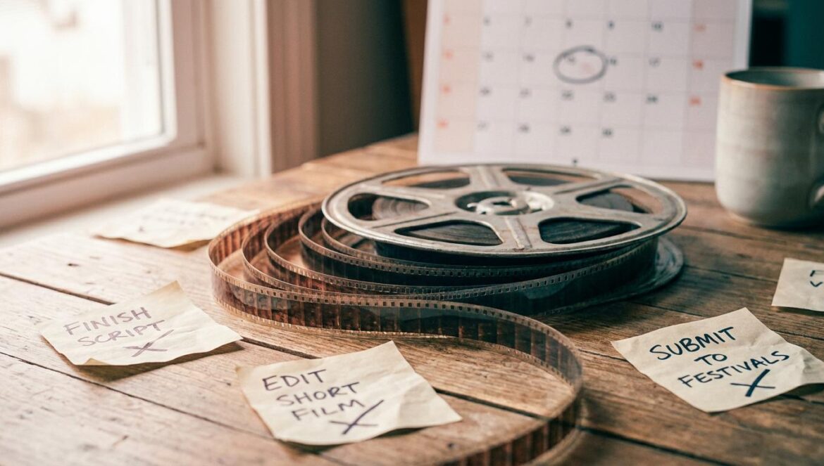 Falacia de la llegada: el veneno de los finales felices Rollo de película desenrollado sobre una mesa, con notas de metas tachadas y un calendario desenfocado al fondo.