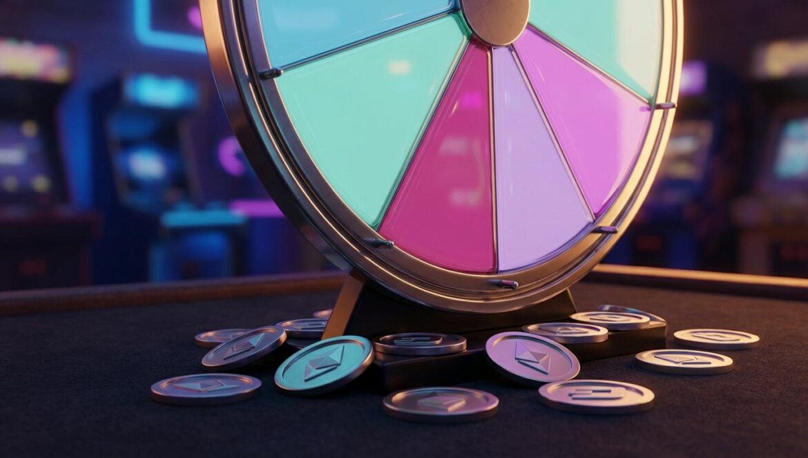 Fortnite Creative frena las ruletas de V-Bucks: el problema real sigue en pie Primer plano de una ruleta arcade iluminada con fichas de moneda digital alrededor, en una sala de juegos con luces de neón desenfocadas.