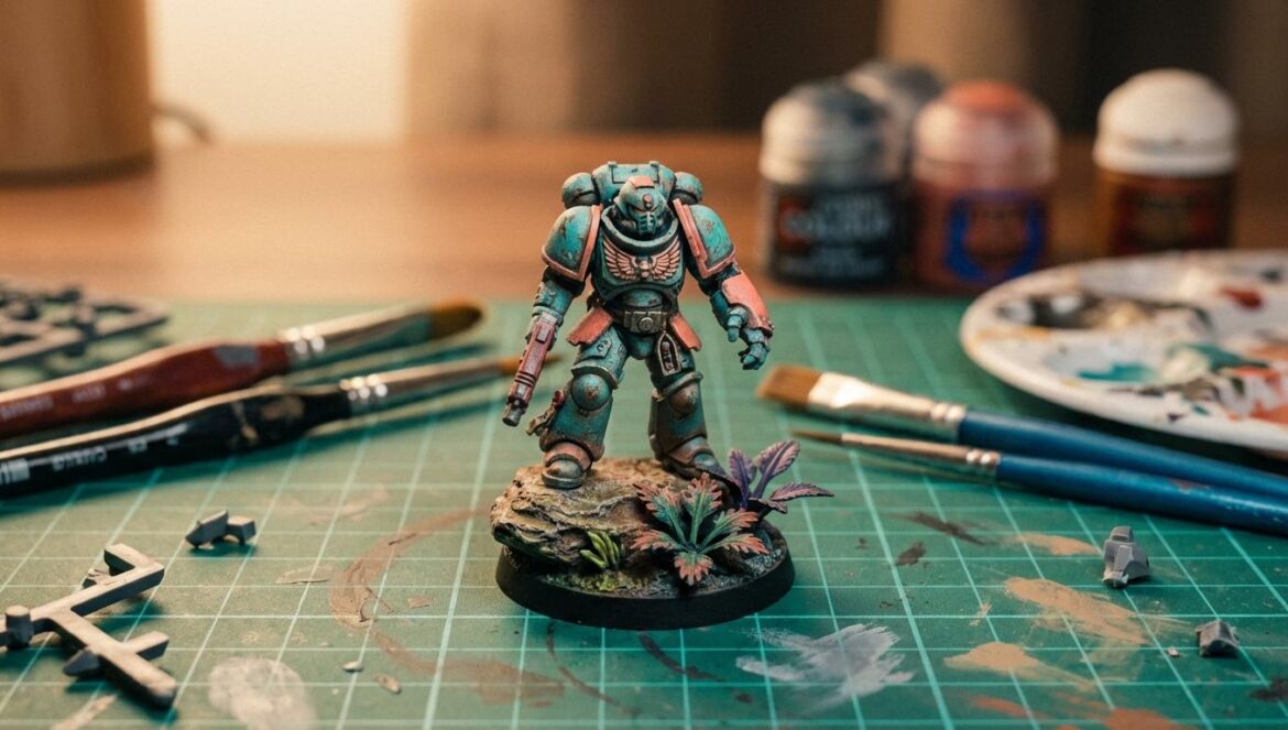 Primer plano de una miniatura de mesa pintada, sobre una base texturizada, con pinceles y una alfombrilla de corte al fondo, luz cálida de interior