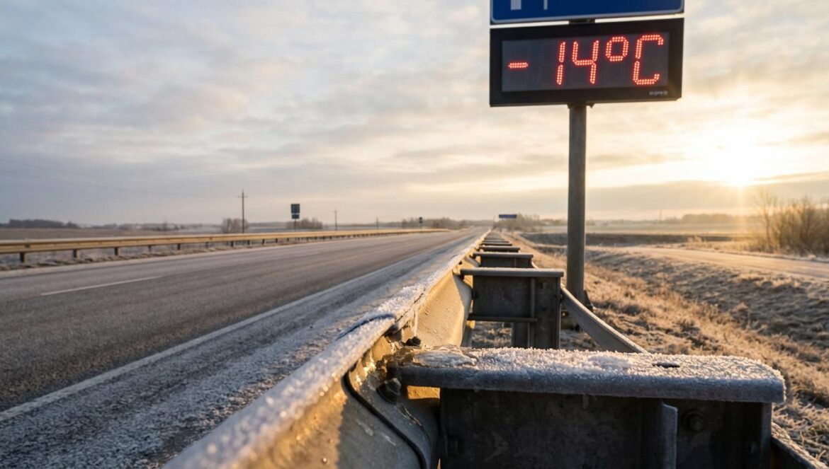 Giro térmico en España: del -14 °C al ‘casi calor’ en días y por qué no es solo una anécdota Panel electrónico marcando -14 °C junto a una carretera helada, con escarcha derritiéndose mientras entra una luz de sol suave