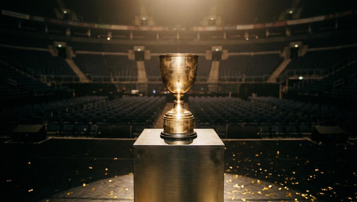 Golden Disc Awards 2026: el triple Daesang que delata el nuevo poder del K-pop Trofeo dorado sobre un pedestal en un escenario oscuro, con luz cálida y gradas desenfocadas al fondo, confeti sutil en el suelo