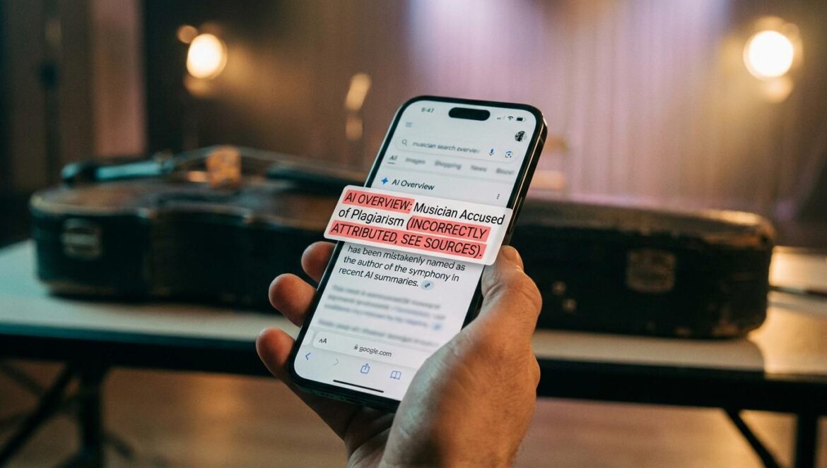 Google IA: el resumen falso que le tumbó un concierto a un ganador del Juno Primer plano de un celular con un resumen de búsqueda marcado en rojo, con un estuche de violín y luces de escenario desenfocadas al fondo