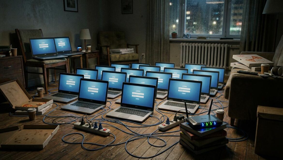 Hackers norcoreanos y teletrabajo: el choque que coló falsos empleados en 300 empresas Decenas de laptops conectadas en una sala pequeña, con cables y regletas en el piso y luces del router parpadeando de noche