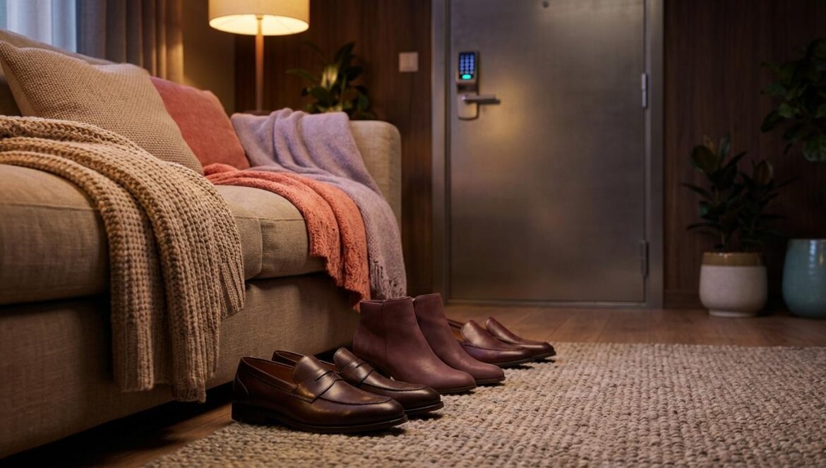 Honour: el póster del “panic room” que cambia el thriller legal coreano Interior de una sala segura y acogedora con tres pares de zapatos en el suelo, sofá bajo y una puerta metálica con teclado, luz cálida de noche.