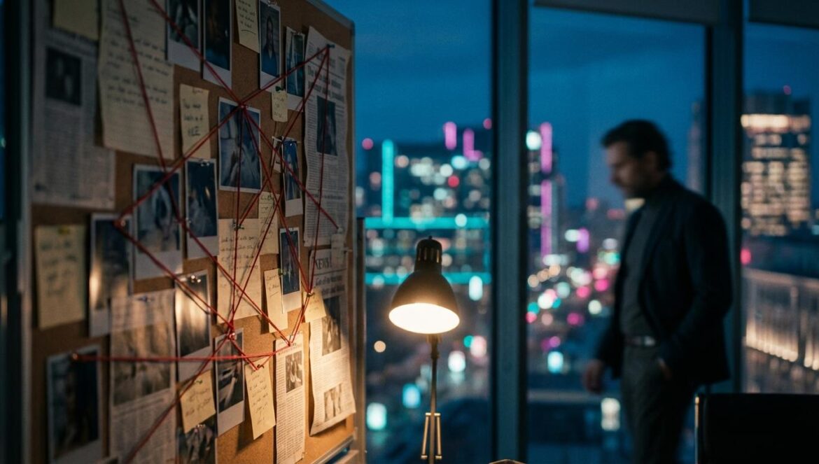Honour: thriller legal y el choque de seis miradas Panel de evidencias con hilo rojo en una oficina moderna de noche, con luces de ciudad al fondo.