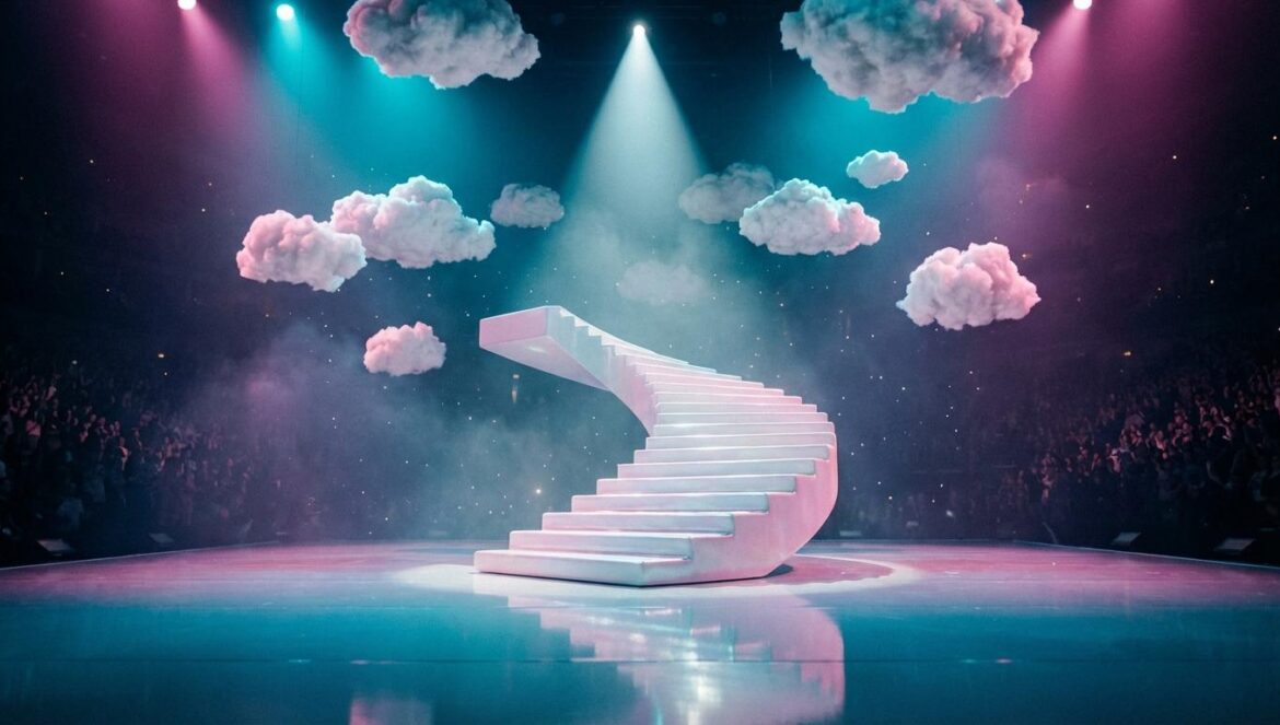 Humbe enciende el pop mexicano y mira a EE. UU.: la vulnerabilidad como nuevo poder Escenario de concierto con escalera blanca iluminada y nubes decorativas flotando sobre una arena en penumbra