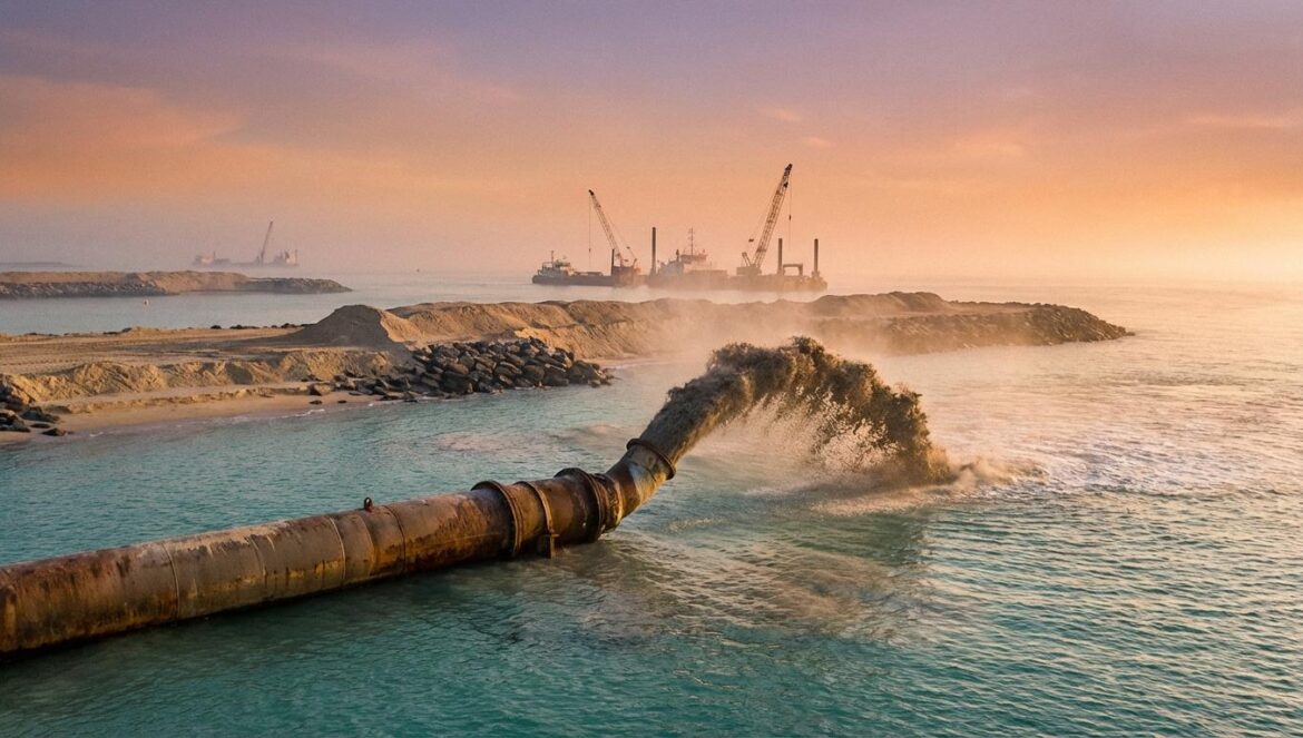 Tubería de dragado vertiendo arena en el mar, con bancos nuevos y agua turbia al amanecer, y barcazas de obra al fondo