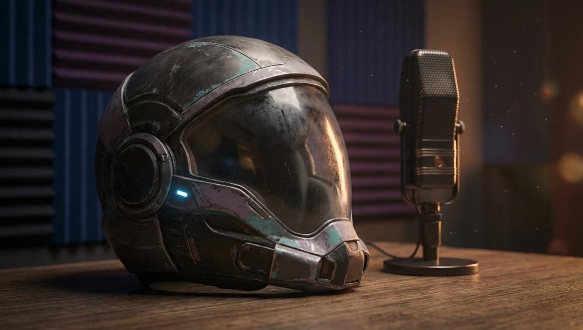 Jennifer Hale y Mass Effect 5: ¿vuelve Shepard o cambia el juego? Un casco de ciencia ficción junto a un micrófono de estudio, con luz tenue y paneles acústicos al fondo