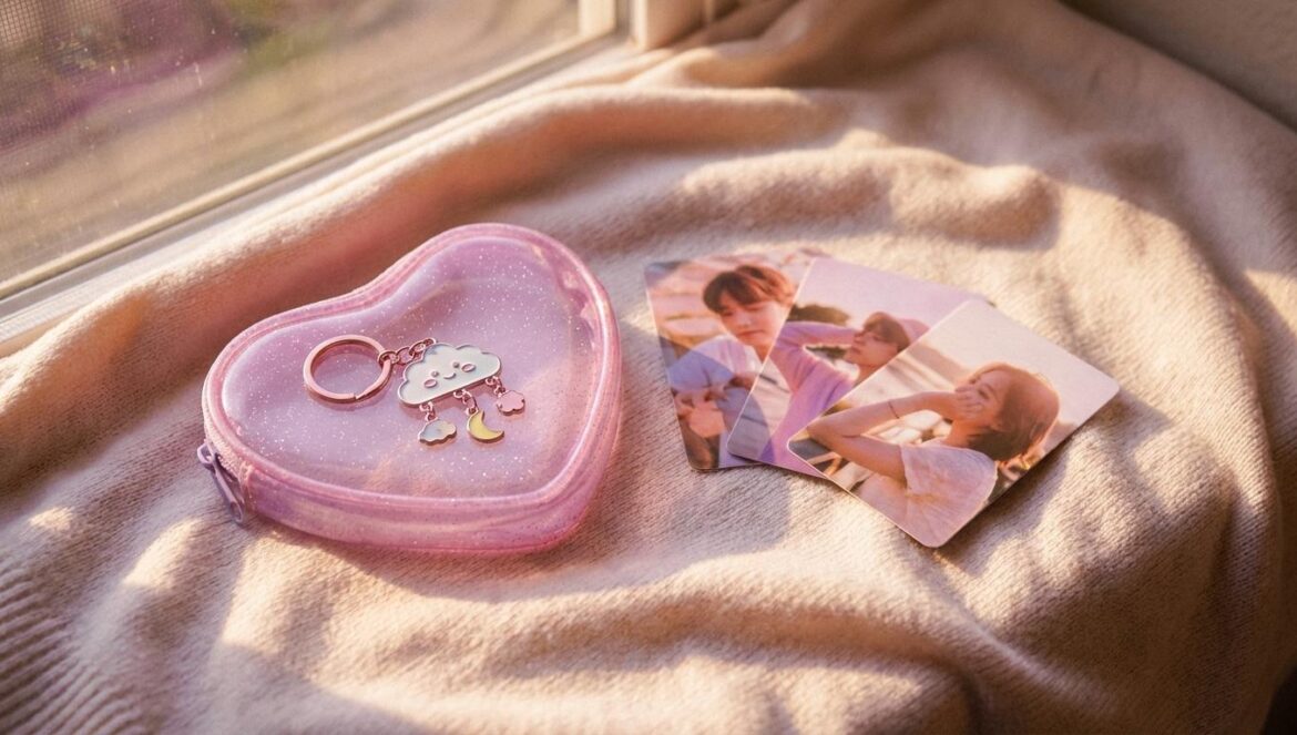 Jisoo x Hello Kitty: el detalle “cute” que en realidad redefine el merch del K-pop Merchandising rosa pastel con llavero coleccionable y photocards sobre tela suave, iluminado por luz de ventana, con detalles brillantes y estuche con cremallera