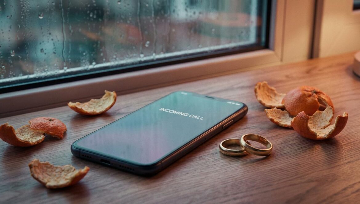 K-dramas románticos de 2025: menos mariposas, más pactos y supervivencia Un móvil con una llamada entrante anónima junto a dos anillos, luz cálida y lluvia en la ventana, con cáscaras de mandarina sobre una mesa de madera.