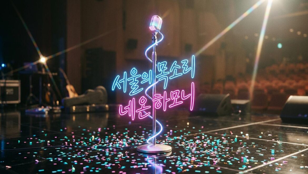 KPop Demon Hunters arrasa en los Golden Globes y confirma que el Hallyu ya no tiene fronteras Un micrófono de escenario iluminado con neón y patrones coreanos, rodeado de confeti brillante sobre un suelo oscuro, reflejando una estética de concierto K-pop.