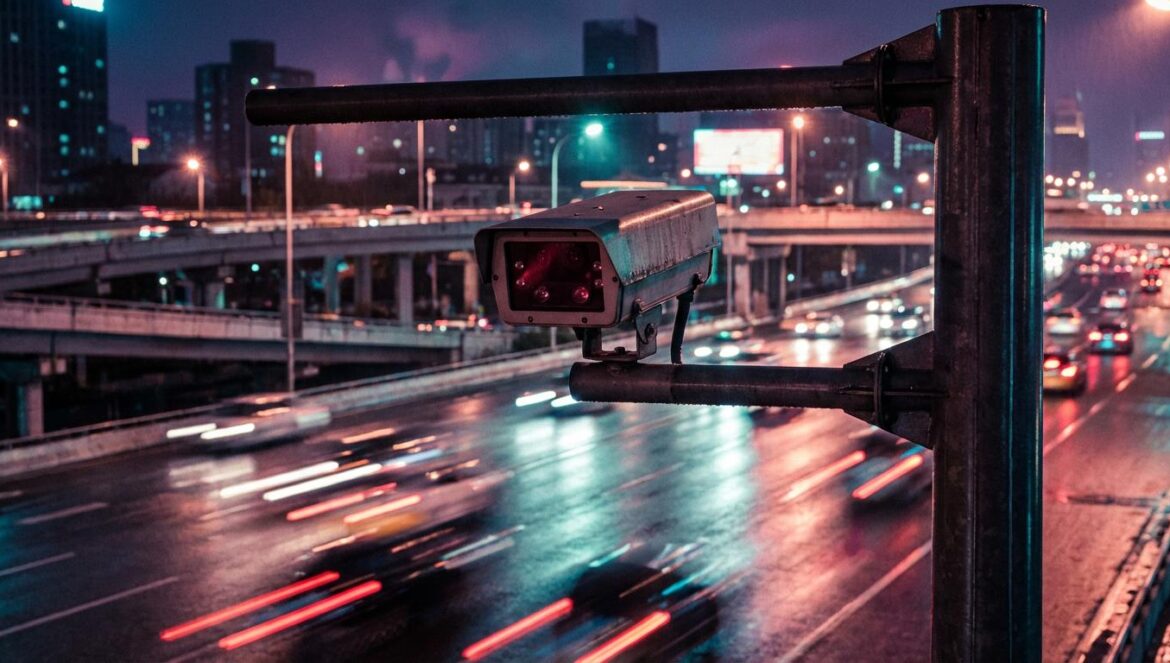LAPI en Francia: el escaneo de placas se expande Cámara vial de reconocimiento de matrículas en un poste, de noche, con lluvia reciente y reflejos en el asfalto.