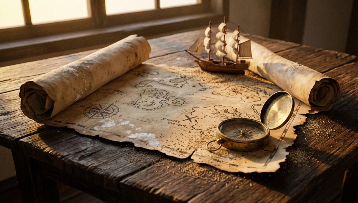 ¿Las aventuras de Tintín fue el Indiana Jones que Hollywood dejó pasar? Mapa náutico envejecido con una brújula de latón y un pequeño barco de madera sobre una mesa oscura, con luz cálida de tarde