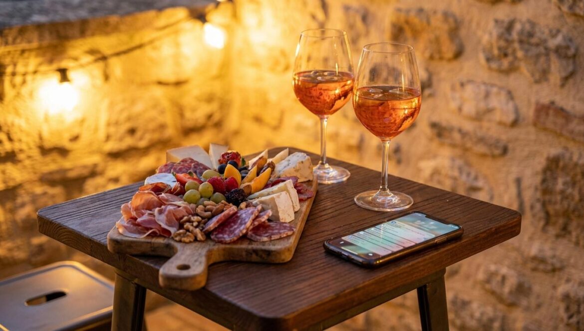 ¿Laury y Bruno son pareja en MAPR 2025? El detalle “apéro” que cambia la historia Tabla de picada y dos copas de apéro en un bar, con un celular mostrando notificaciones borrosas y luces cálidas de fondo