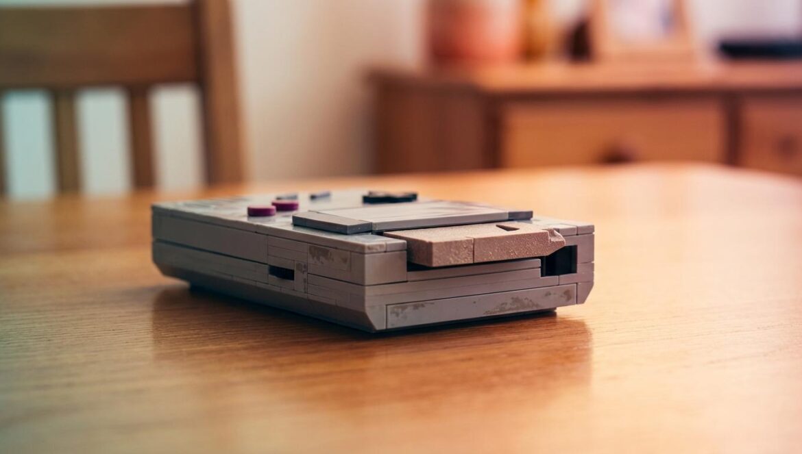 Lego Game Boy: el fallo del cartucho que delata cuánto olvidamos la consola real Primer plano de una consola portátil hecha con bloques y un cartucho a medio insertar, con la muesca superior desplazada y luz cálida sobre una mesa.