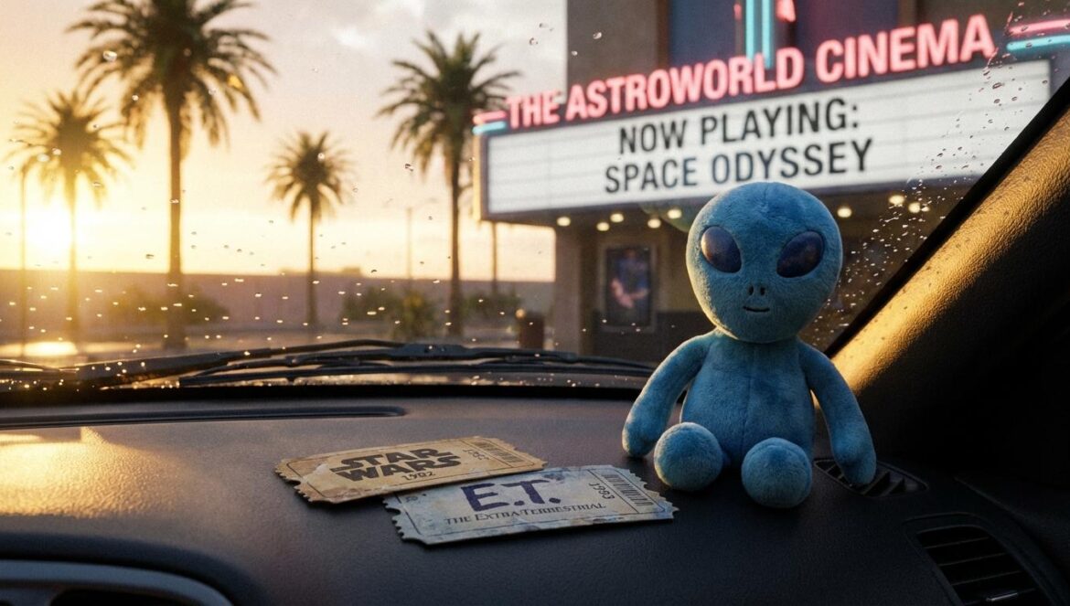 Lilo & Stitch live-action vs Marvel: el remake que convirtió la nostalgia en algo nuevo Entradas de cine junto a un peluche azul de criatura alienígena sobre un salpicadero, con atardecer y palmeras desenfocadas al fondo