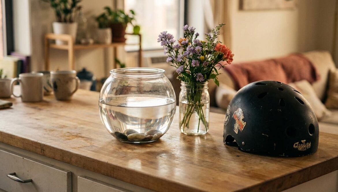 Love Me: Seo Hyun Jin y el arte de no sobrar en los episodios 7-8 Una pecera pequeña junto a un ramo y un casco de skate sobre una mesa, con luz cálida de tarde en un piso vivido