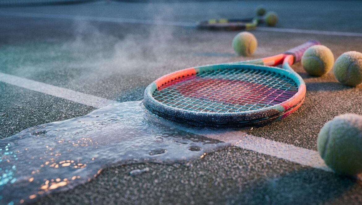 Mario Tennis Fever: ¿Baby Waluigi es meme… o la pista de un cambio de diseño? Raqueta de tenis con escarcha creando una zona helada en la pista, con pelotas cerca y líneas del campo visibles bajo luz de estadio
