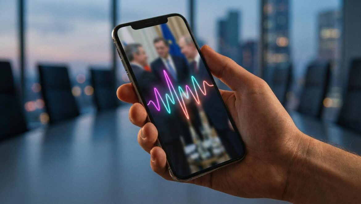 Mark Carney pone M83 en su vídeo con China: cuando la diplomacia suena a nostalgia pop Un móvil reproduce un vídeo de reunión diplomática con una onda de audio neón sobre la pantalla, con fondo de sala de conferencias desenfocado.