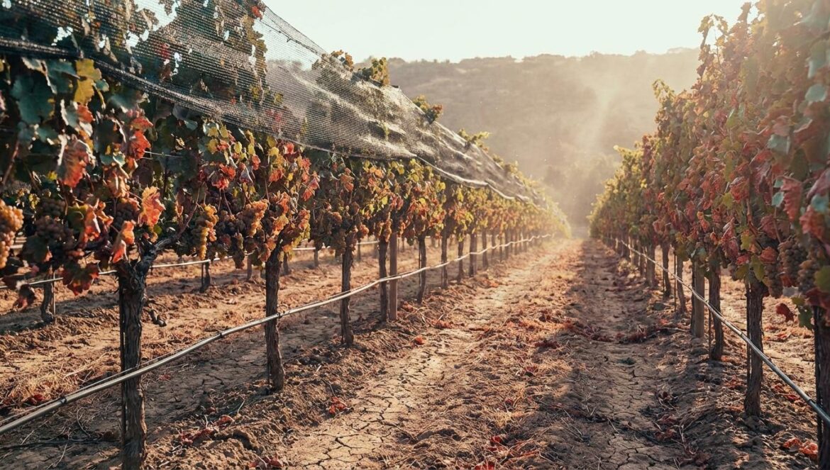 Mediterráneo sin vino: el mapa viral que asusta y lo que de verdad está diciendo Filas de viñedo en ladera seca, con hojas algo quemadas por el sol y riego por goteo bajo luz cálida de tarde.