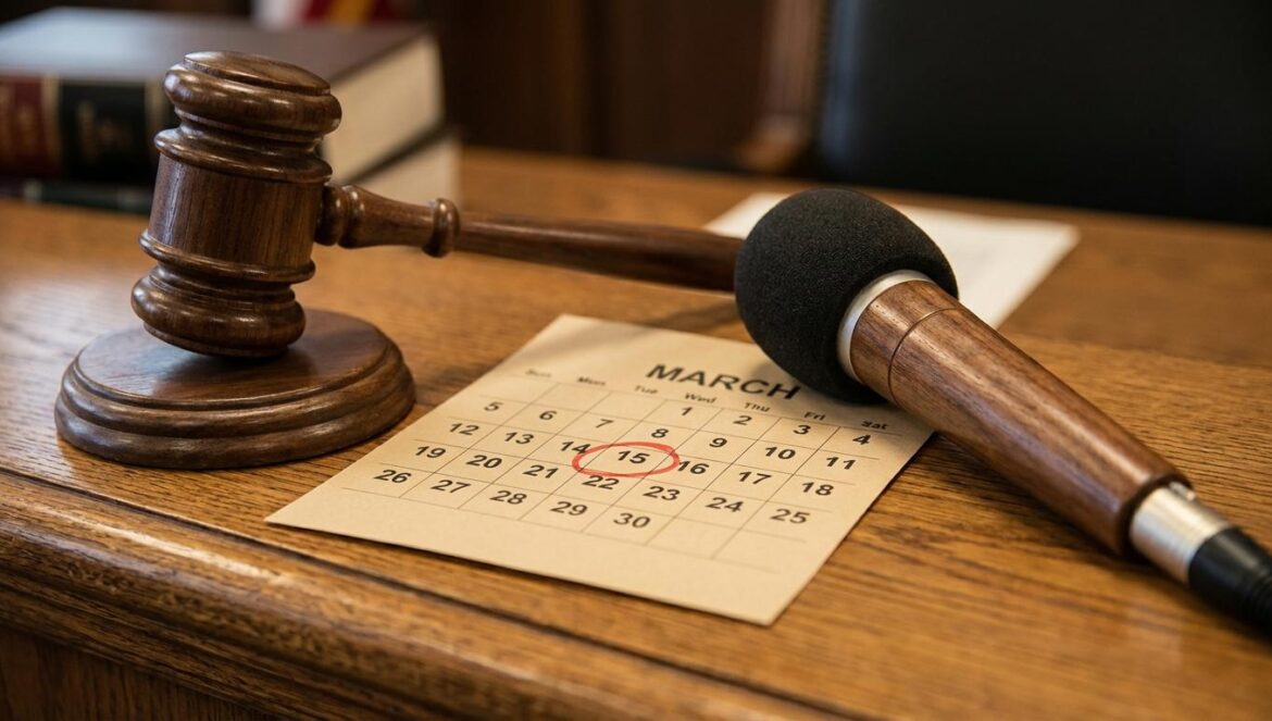 Min Hee-jin vs Source Music: por qué se aplaza el veredicto y lo que revela del poder de una rueda de prensa Un mazo de juez junto a un micrófono y un calendario de mesa con una fecha de marzo marcada en rojo, en una mesa de madera con luz cálida
