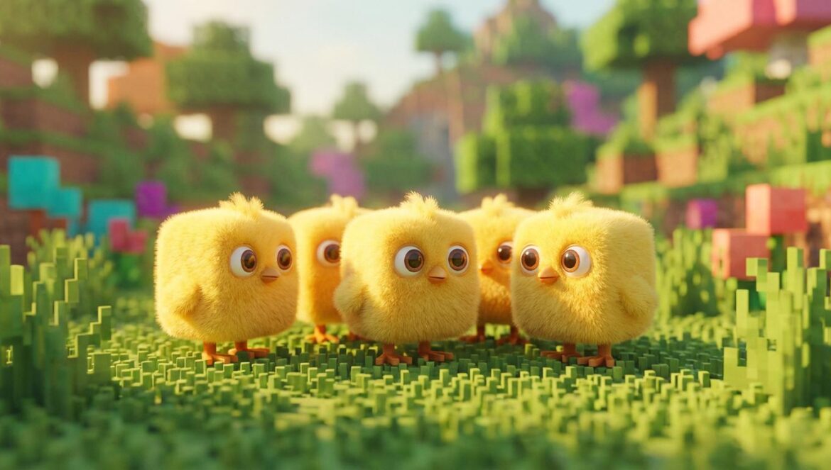 ¿Minecraft o peluches? Por qué los nuevos pollitos han roto internet con su rediseño Varios pollitos amarillos de estilo Minecraft con diseño cúbico y ojos grandes sobre un campo de hierba pixelada.