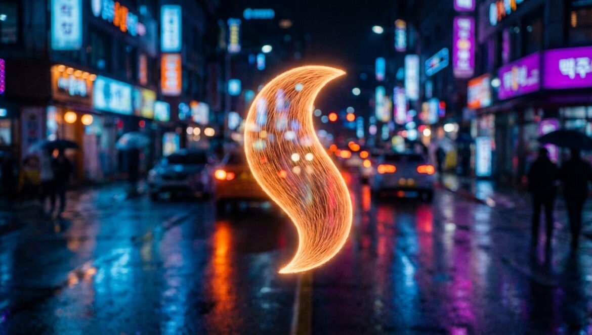 No Tail to Tell: ¿Por qué la nueva gumiho de Kim Hye Yoon rompe todas las reglas del K-drama? Silueta brillante de una cola de zorro mística sobre una calle moderna de Seúl iluminada con neones nocturnos.