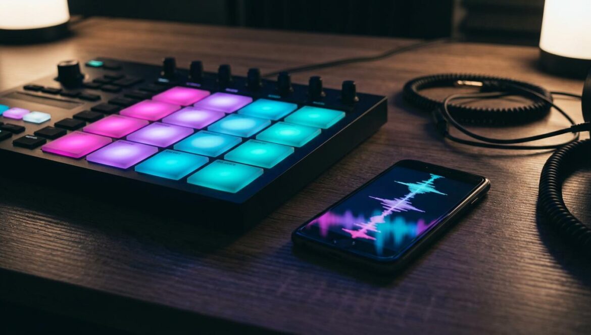 North West coloca un rage beat en “Justswagup” y el tema no es el apellido Controlador MIDI con pads iluminados junto a un móvil con forma de onda, luz nocturna y cables de auriculares sobre una mesa