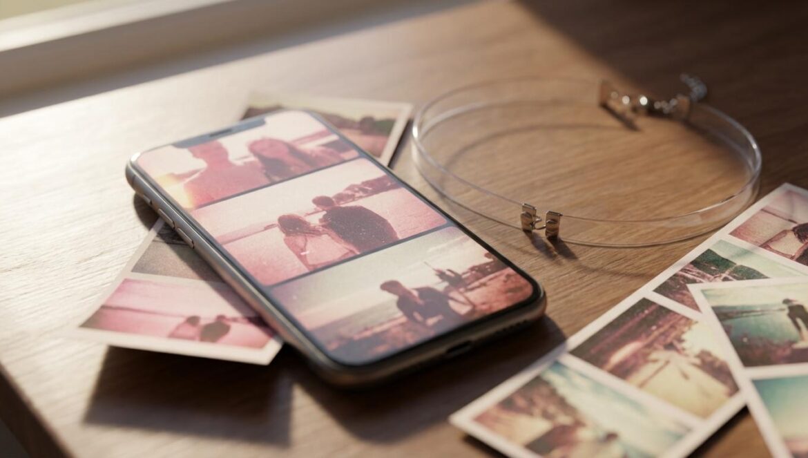 Nostalgia 2016: por qué el feed vuelve a esos filtros y qué estamos borrando del recuerdo Primer plano de un móvil con un carrusel de fotos con filtro rosado, junto a tiras de fotos impresas y un choker transparente sobre una mesa