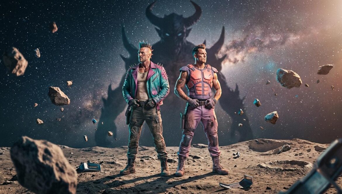 Nuevo anime de Dragon Ball Super: el caso Moro Dos guerreros de pelo puntiagudo en un asteroide miran a una silueta alienígena enorme, con estrellas y escombros flotando alrededor.