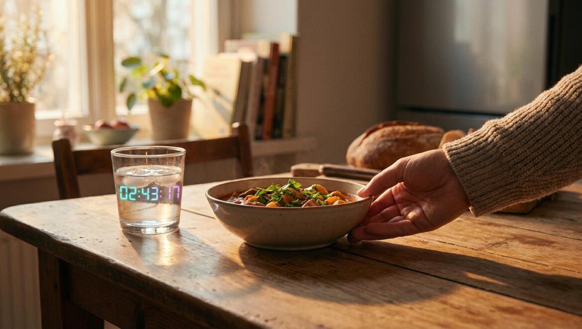 Number One: cuando la comida de mamá da miedo Un plato de comida casera en mesa de madera, con números luminosos reflejados y luz cálida de tarde en una cocina hogareña.
