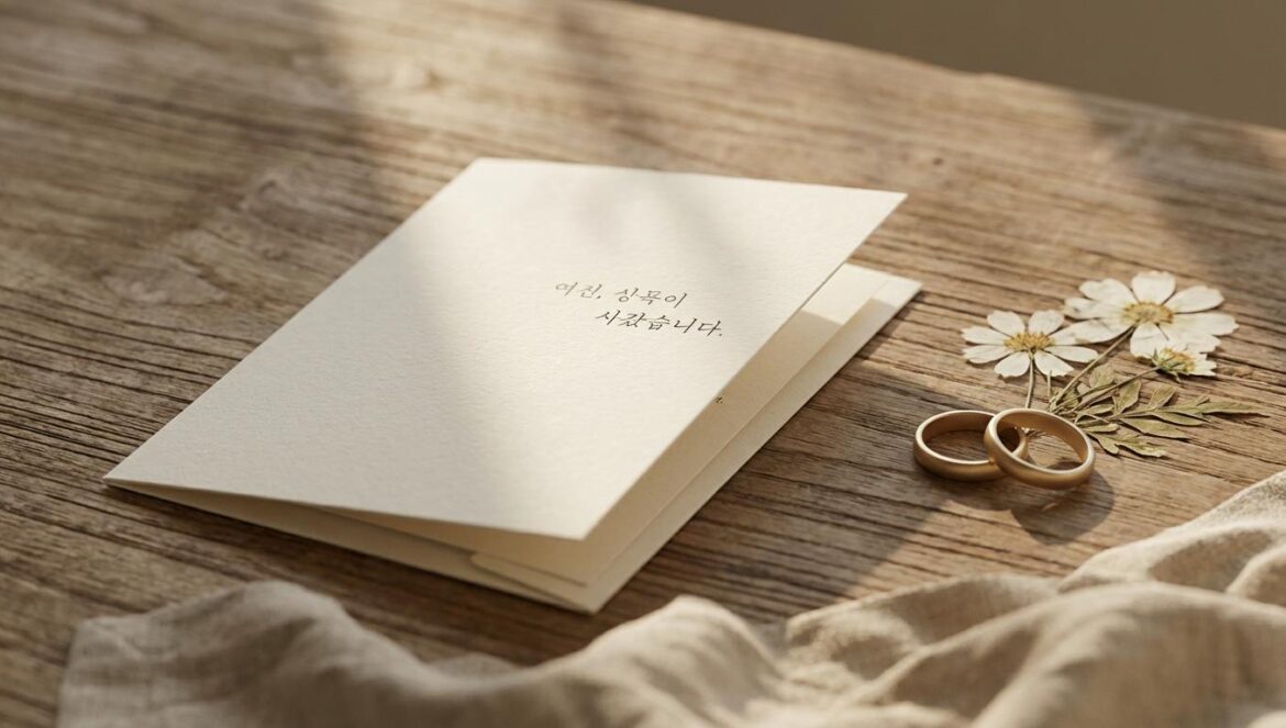 Oh Dong Min y Noh Susanna se casan: por qué su boda privada se siente tan actual Invitación de boda minimalista sobre mesa de madera, con dos anillos dorados y flores prensadas, luz suave de tarde.