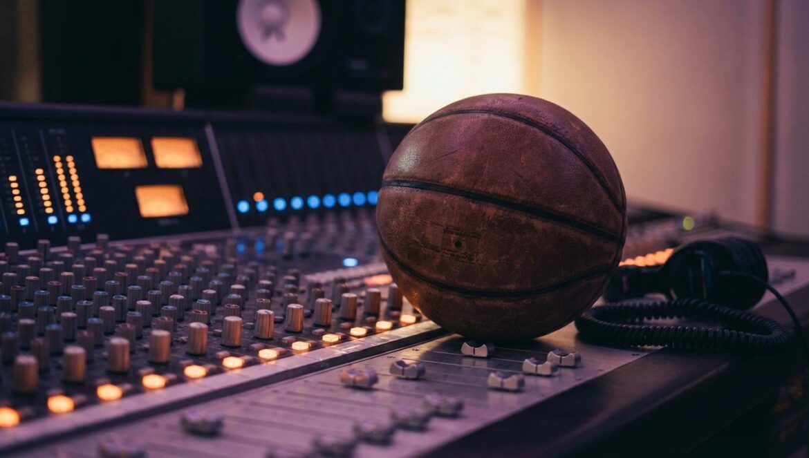 Balón de baloncesto gastado sobre una mesa de mezcla con luces LED, en un estudio nocturno y luz tenue
