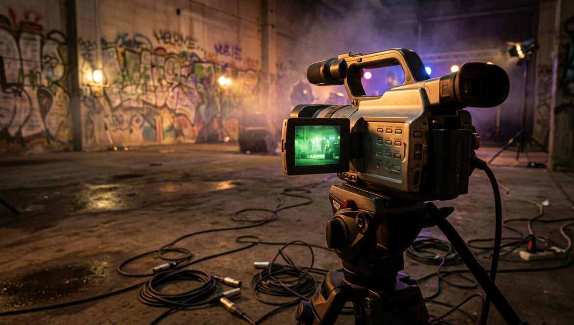 Cámara de vídeo en trípode grabando una actuación en una sala industrial oscura, con cables en el suelo y pared con grafitis desenfocados