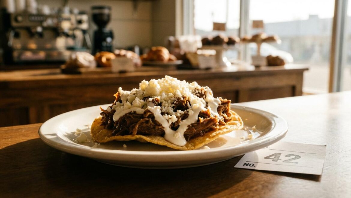 Pastelería Madrid: ¿por qué una pastelería manda en guisados en pleno Centro Histórico? Tostada con guisado, crema y queso en un plato, junto a una ficha numerada sobre un mostrador de panadería clásica.