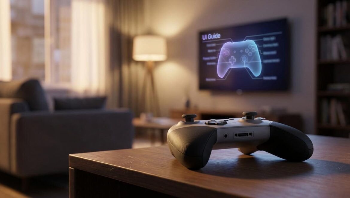 Patente de Sony: tutoriales con IA tipo “fantasma” y el miedo real a que te jueguen la partida Un mando inalámbrico sobre una mesa mientras en la TV se ve una silueta holográfica tipo guía y una interfaz suave, con luz nocturna en un salón moderno.