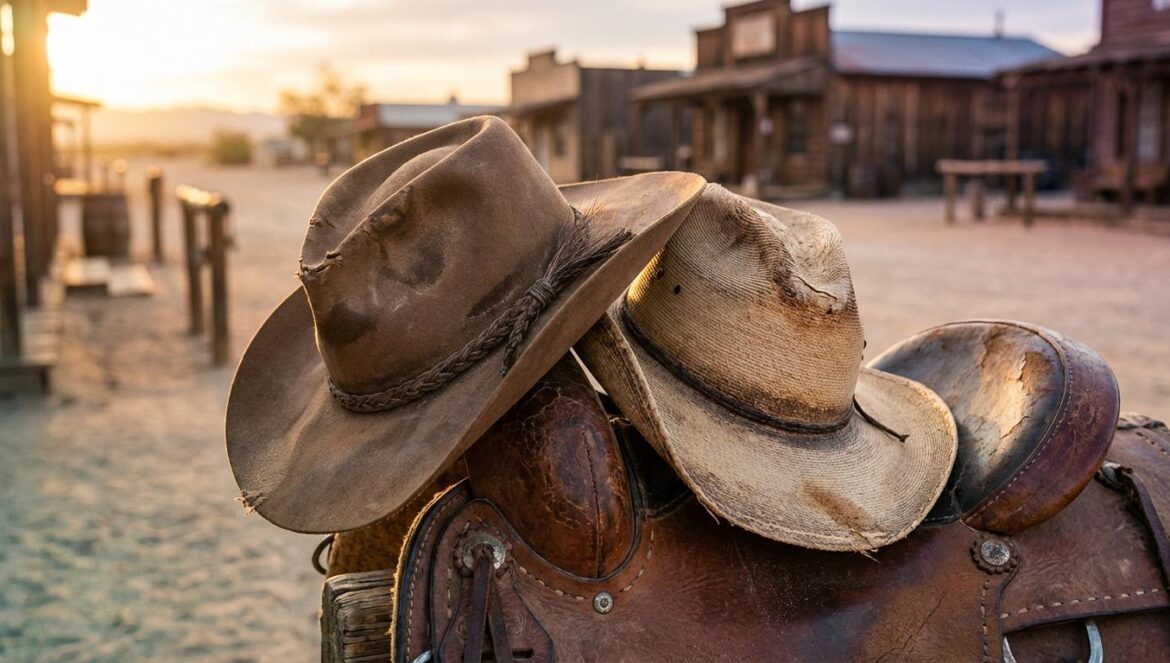 Pedro Pascal y Almodóvar: la razón íntima por la que “Extraña forma de vida” le sigue removiendo Dos sombreros de vaquero gastados sobre una silla de montar polvorienta al atardecer, con una calle de pueblo desértico desenfocada al fondo