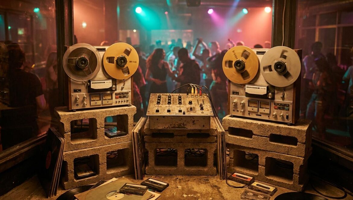 Equipo analógico sobre bloques de hormigón con dos magnetófonos de bobina, fundas de vinilo en el suelo y luz cálida de club al fondo