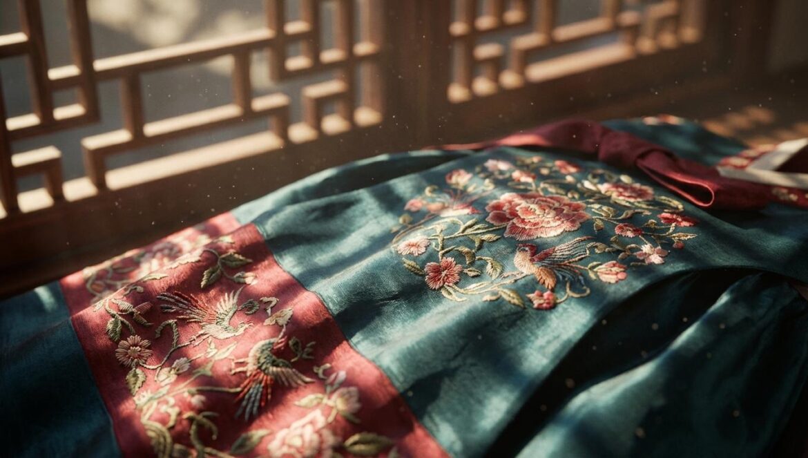 ¿Por qué nos obsesiona ‘To My Beloved Thief’? El romance prohibido de Nam Ji Hyun y Moon Sang Min Primer plano de telas de seda de un hanbok tradicional bajo la luz de la luna que entra por una ventana de madera coreana.