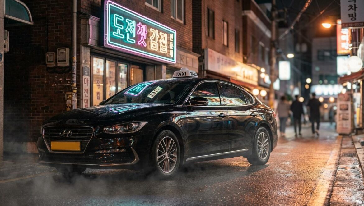 ¿Por qué Taxi Driver 3 arrasa? El fenómeno de Lee Je Hoon y la justicia que todos buscamos Un taxi negro moderno estacionado en un callejón oscuro de Seúl bajo luces de neón, con reflejos en el pavimento mojado y una atmósfera cinematográfica.